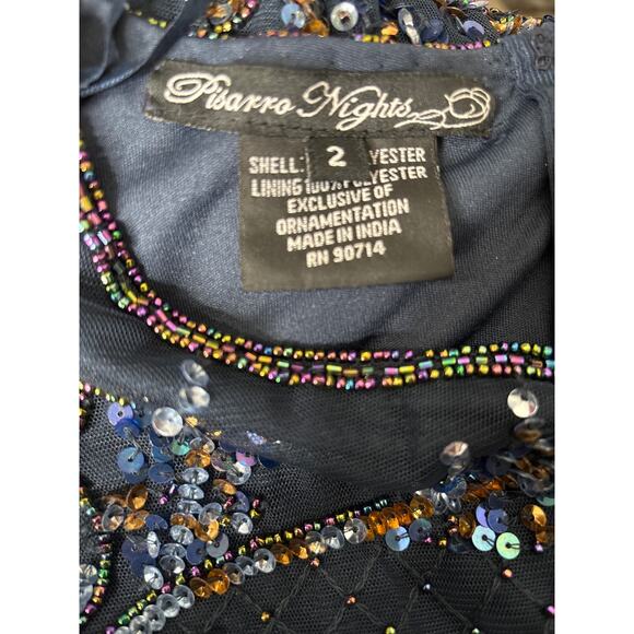 Pisarro Nights Embellished Beaded Maxi Dress Sz 2 Navy Formal Wedding Mesh Gown - Picture 6 of 8
